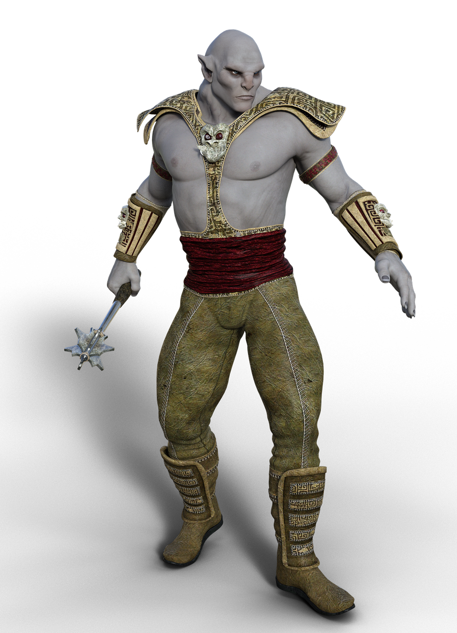 a fullbody digital art depiction of a muscular, bald orc warrior against a dark background. the orc has grey skin, pointed ears, and a stern expression. he is clad in minimal battle armor, including a decorative breastplate, arm bracers with skull details, a red sash, and ornate boots. he wields a spiked mace in his left hand.
