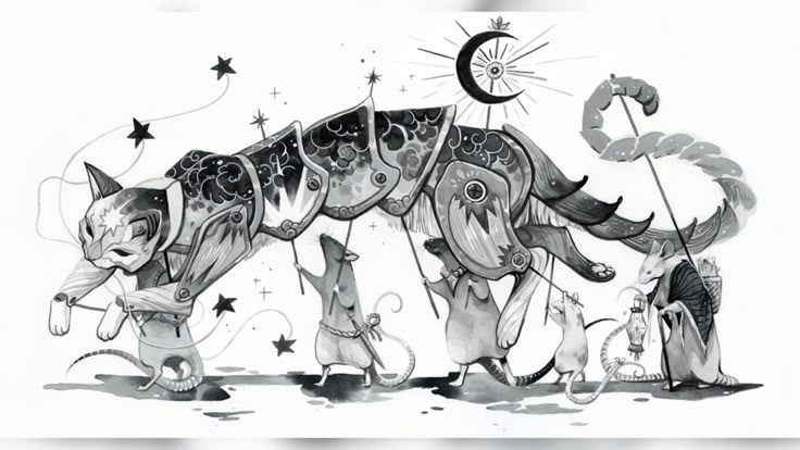 a black and white drawing of a cat covered in ornate armor being escorted by a procession of mice. the mice are carrying a variety of objects including stars, a crescent moon, a lantern, and a parasol. one mouse is wearing a robe and carrying a walking stick. the style is whimsical and fantastical.