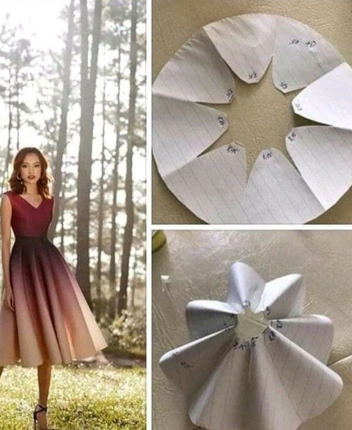 the image shows a woman wearing an ombre dress with a vneck and thin straps standing outdoors against a backdrop of trees. to the right of the image of the woman are two images showing the paper pattern for a dress. the first image is of the flat paper pattern, while the second image is of the pattern folded and put together.