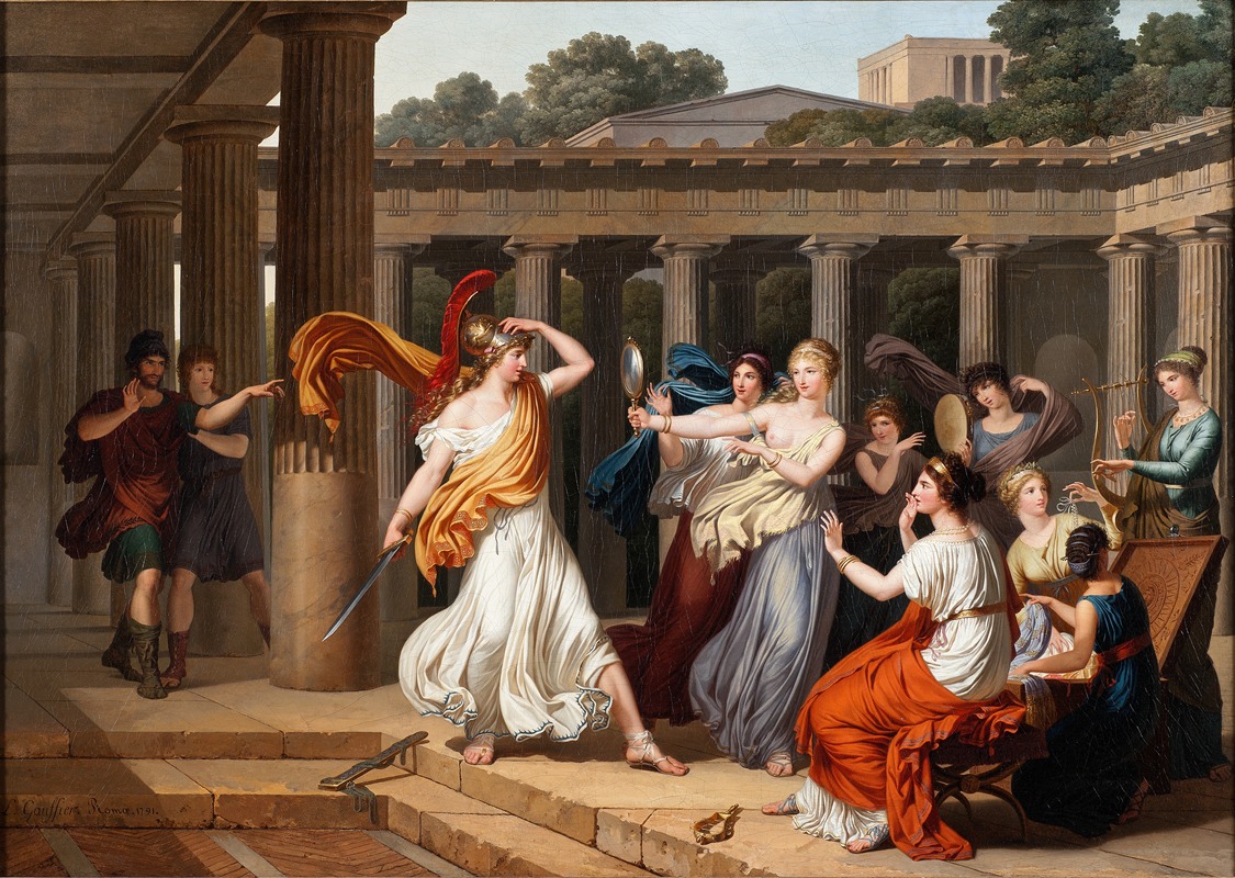 the painting depicts a scene in ancient greece, set outdoors against a backdrop of classical architecture with columns and a temple in the distance. the central figure is athena, a goddess of wisdom and warfare, adorned with a helmet and draped in flowing white robes with a gold sash. she wields a sword and is captured in motion, appearing to react to a mirror held up by a group of women. to the left are two men, one wearing a red tunic and the other in darker clothing, seemingly recoiling from the scene. a group of women are depicted playing musical instruments such as a flute and a lyre, while others observe the interaction between athena and the woman with the mirror. the scene is set on a stone platform or steps, with discarded musical instruments and clothing strewn about, suggesting a moment of disruption or conflict within a peaceful setting. the overall style of the painting is classical, with an emphasis on realism and detail.