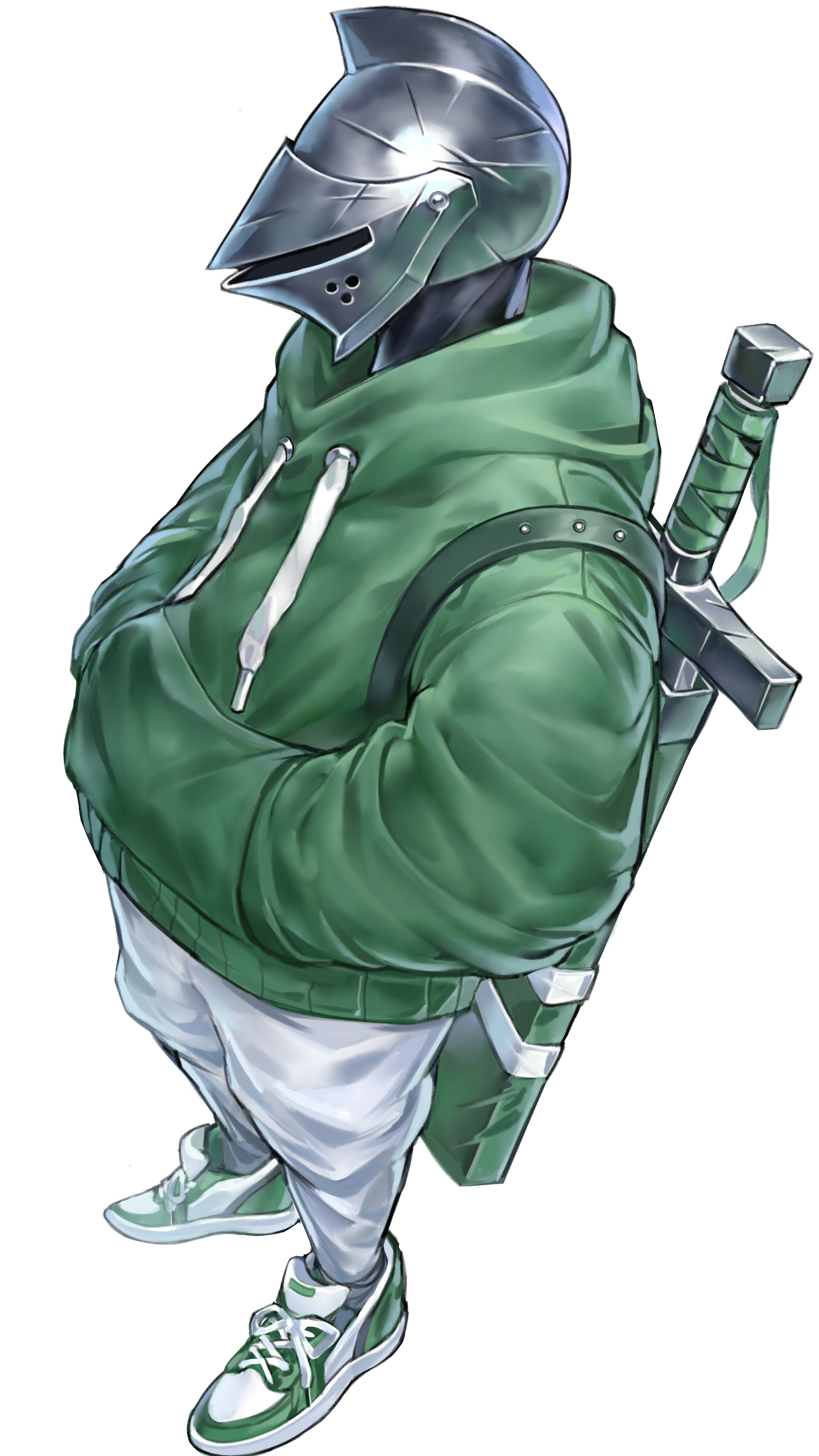 the image showcases a stylized knight donning a unique blend of medieval and modern attire.  the knight is clad in a green hoodie and white sweatpants, paired with sneakers, creating a stark contrast with the traditional metal helmet and armored gauntlets. a sword is strapped to their back. the character stands against a white background.