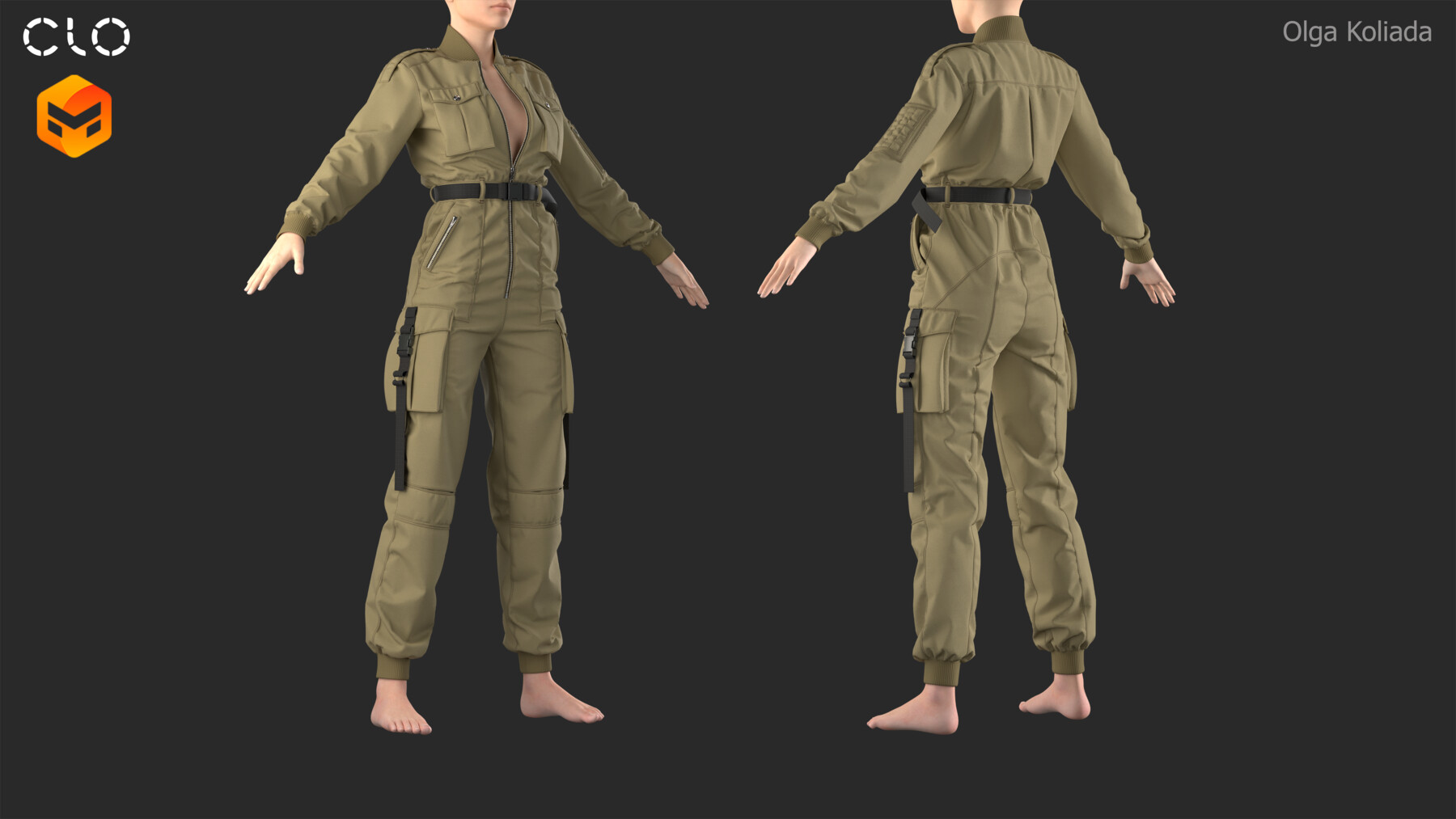 a woman in a green jumpsuit is posing in a studio. she is wearing a khaki jumpsuit with a zipper, pockets, and a belt. the jumpsuit is cinched in at the waist. she has a relaxed and casual pose.