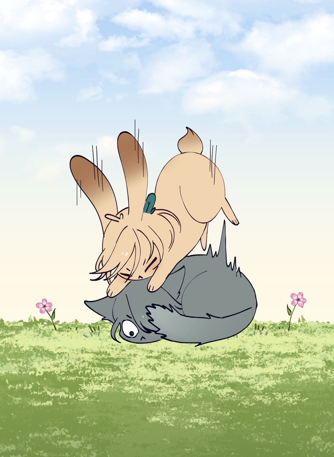 a cartoon image depicting a rabbit jumping on top of a cat that is laying on its back on the grass. the cat looks scared and surprised. the rabbit looks very happy. there are flowers in the background. the sky is light blue with white clouds.
