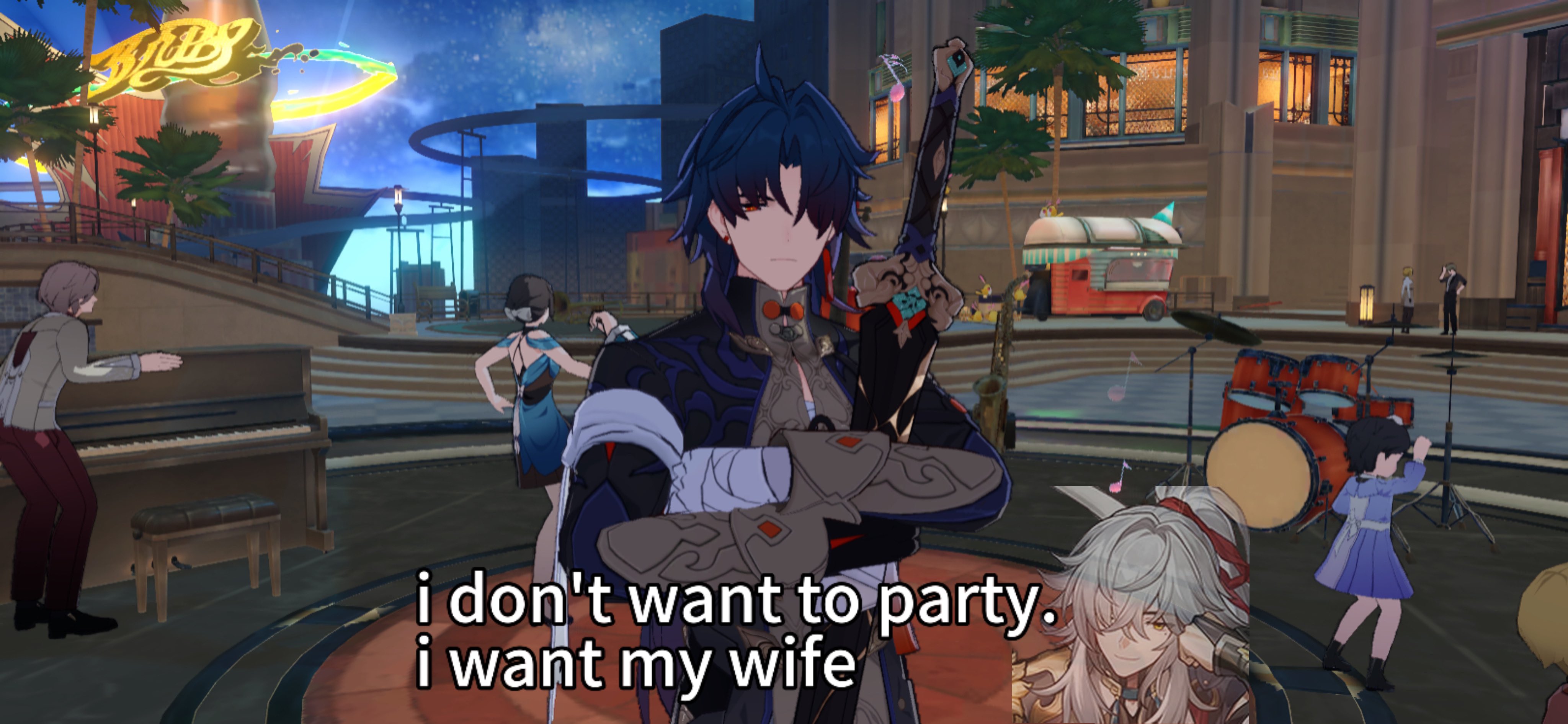 a screenshot from a video game showing a group of anime characters at a party. there's a piano, drums, and a band playing music. one of the male characters is standing in the foreground, holding a sword, and says "i don't want to party. i want my wife." he is surrounded by other characters dancing or listening to the music.