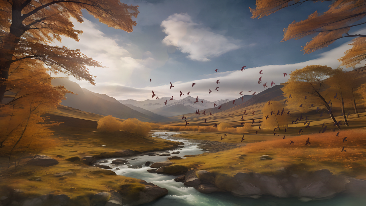 a scenic autumn landscape featuring a river flowing through a valley, surrounded by mountains. the sky is partly cloudy, and many birds are flying above the valley. the trees display vibrant autumn colors, primarily yellow and orange. the river flows over rocks in the foreground.
