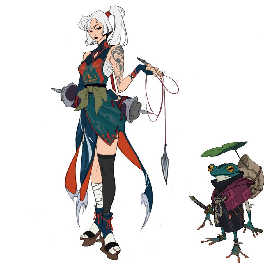this is an illustration featuring a female warrior in a ninjalike outfit. she is holding a weapon with a string attached. on the right side of the image, there is a froglike character with a backpack and a sword. they both appear to be fantasy characters. the image style is cartoonlike with anime/manga inspiration.