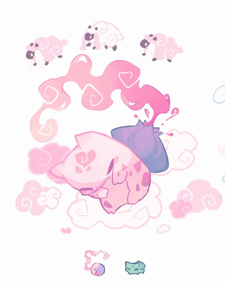 the image is a digital illustration in pastel pink and other soft colors. it features a cute, pink catlike creature sleeping on a cloud.  surrounding the sleeping creature are smaller pink sheep and pastel pink clouds with heart shapes.  a pink, swirling cloudlike form appears to be emanating from the creature's head. the overall style is dreamy, whimsical, and kawaii (cute). the scene suggests a peaceful, magical atmosphere. there are also smaller details like two smaller pastel coloured items near the bottom of the image.