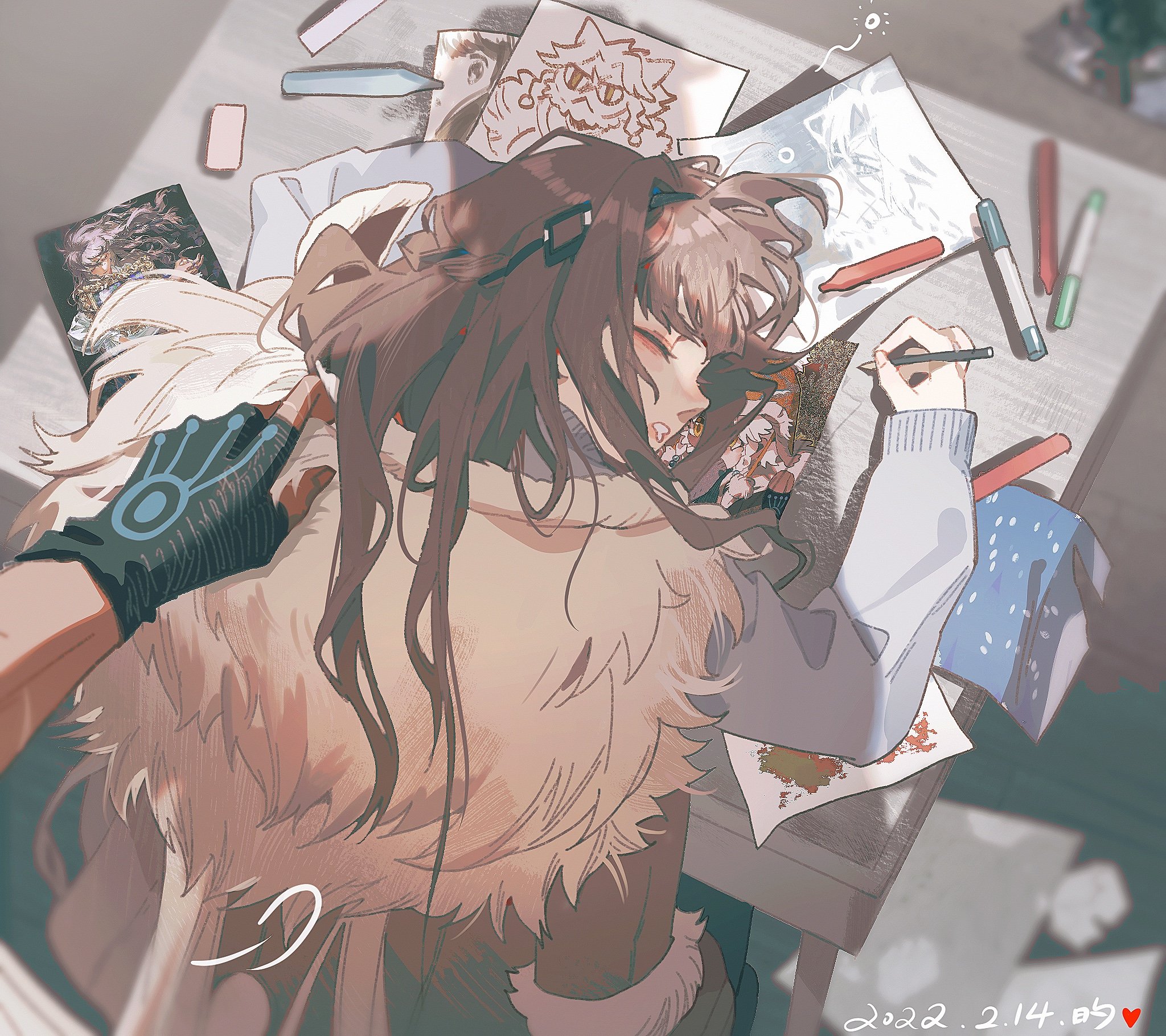 this is a digital illustration of an anime girl sleeping on a table covered in art supplies. she appears to have been sketching when she fell asleep. the girl has brown hair and wears a fluffy tan jacket and a blue sweater.  she has an arm around her, presumably from a person holding her,  and the hand of the person is wearing black gloves with a blue ring around it. the person's hand is resting on the girl's back. on the table are numerous pieces of paper, some with sketches on them, pencils, and colored markers.