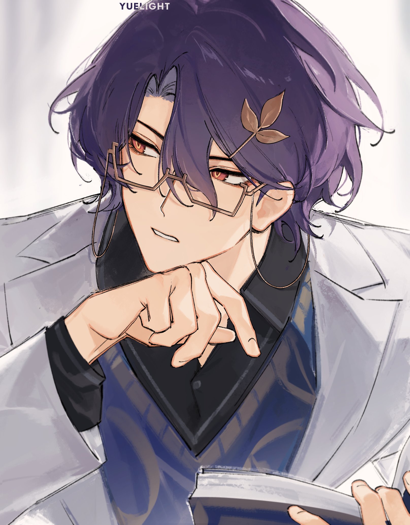 the image is a closeup illustration of an animestyle male character. he has shoulderlength purple hair,  is wearing glasses, a white coat over a dark blue patterned shirt, and gold hoop earrings.  a small gold leaf is in his hair. his hand is resting on his chin, and he appears to be thoughtfully looking at a book he's holding in his other hand. the art style is soft and slightly painterly, with a focus on detail in the character's features and clothing.  the background is a simple, light offwhite.  the artist's signature "yue light" is subtly placed in the upper left corner.