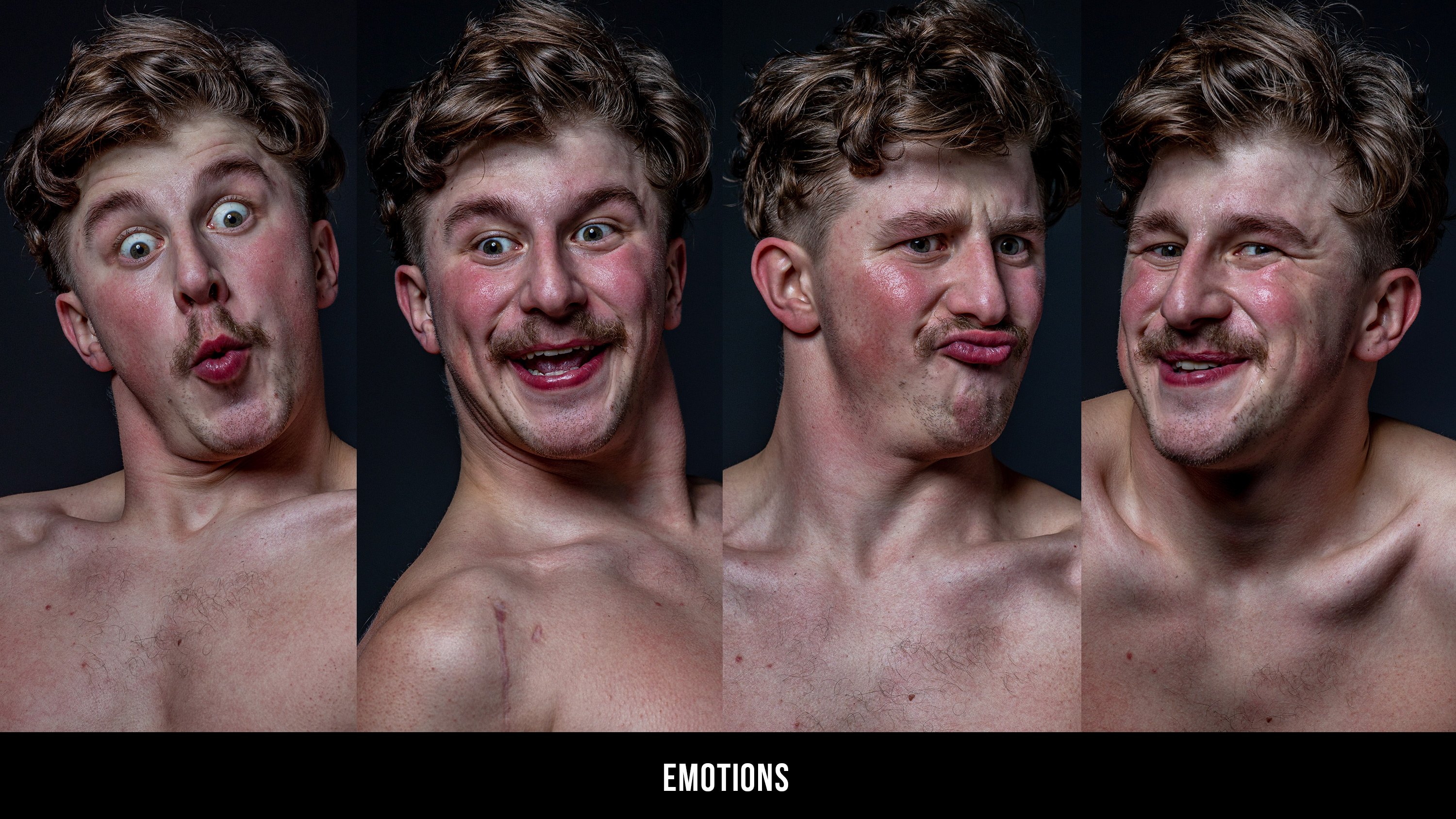 a young man is shown in a collage with four different facial expressions. he is shown with surprise, disgust, happiness and amused. he is wearing a black background and is looking at the camera.