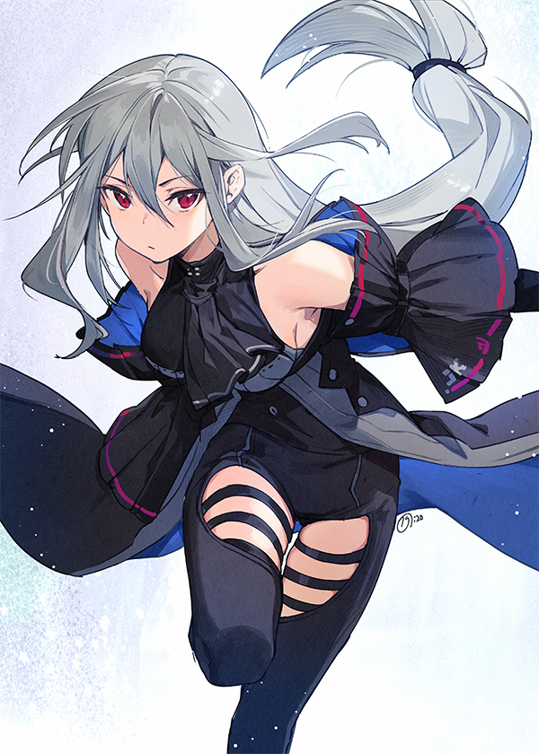 the image depicts a young woman with silver hair and red eyes, dressed in a black and blue outfit, in a dynamic pose. her clothing includes thighhigh socks and a flowing jacket with cutouts. she appears to be running, with a determined expression on her face. the background is white, suggesting a snowy environment, and the lighting is bright, highlighting the character. the perspective is from a low angle, looking up at the subject.
