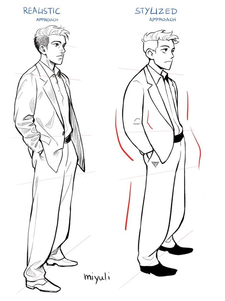 this is a line drawing of a man that shows two different drawing approaches, stylized and realistic. the image depicts the difference between drawing a realistic representation of a man, with the features and proportions accurate to life, and a stylized drawing of a man, which simplifies the features and exaggerates certain proportions for a more stylistic look. the drawing is shown in profile. the man in both styles is standing and has his hand in his pocket.