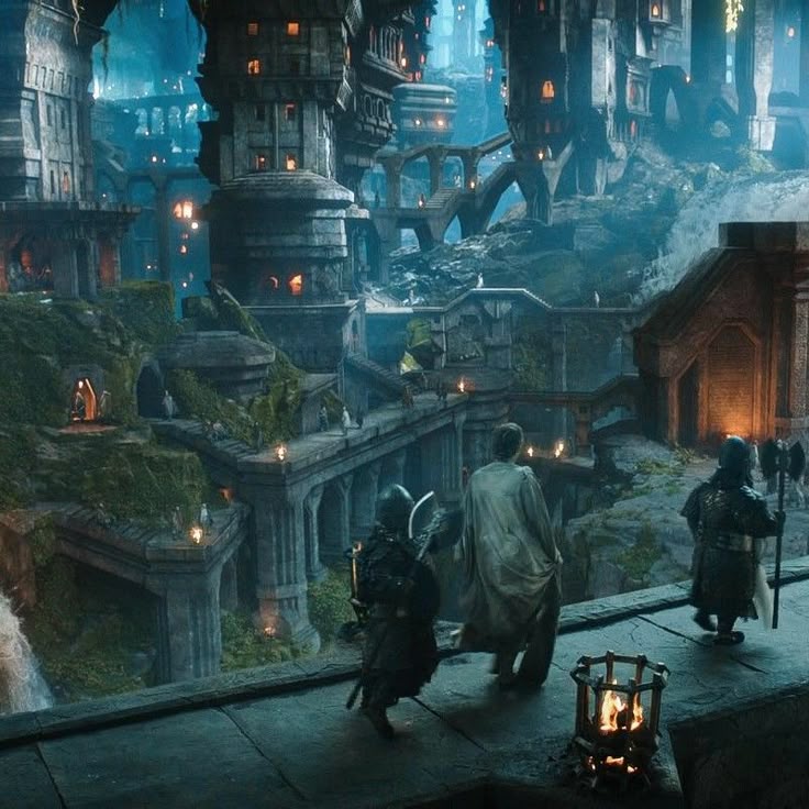 a scenic view of a fantasy city carved into mountains, possibly inspired by middleearth. the architecture features stone buildings, towers, and bridges connected by walkways. dwarfs or hobbitlike characters are walking on a stone path, and there is fire burning inside a small lantern. waterfalls cascade down the mountainside. the overall atmosphere is mystical and otherworldly.