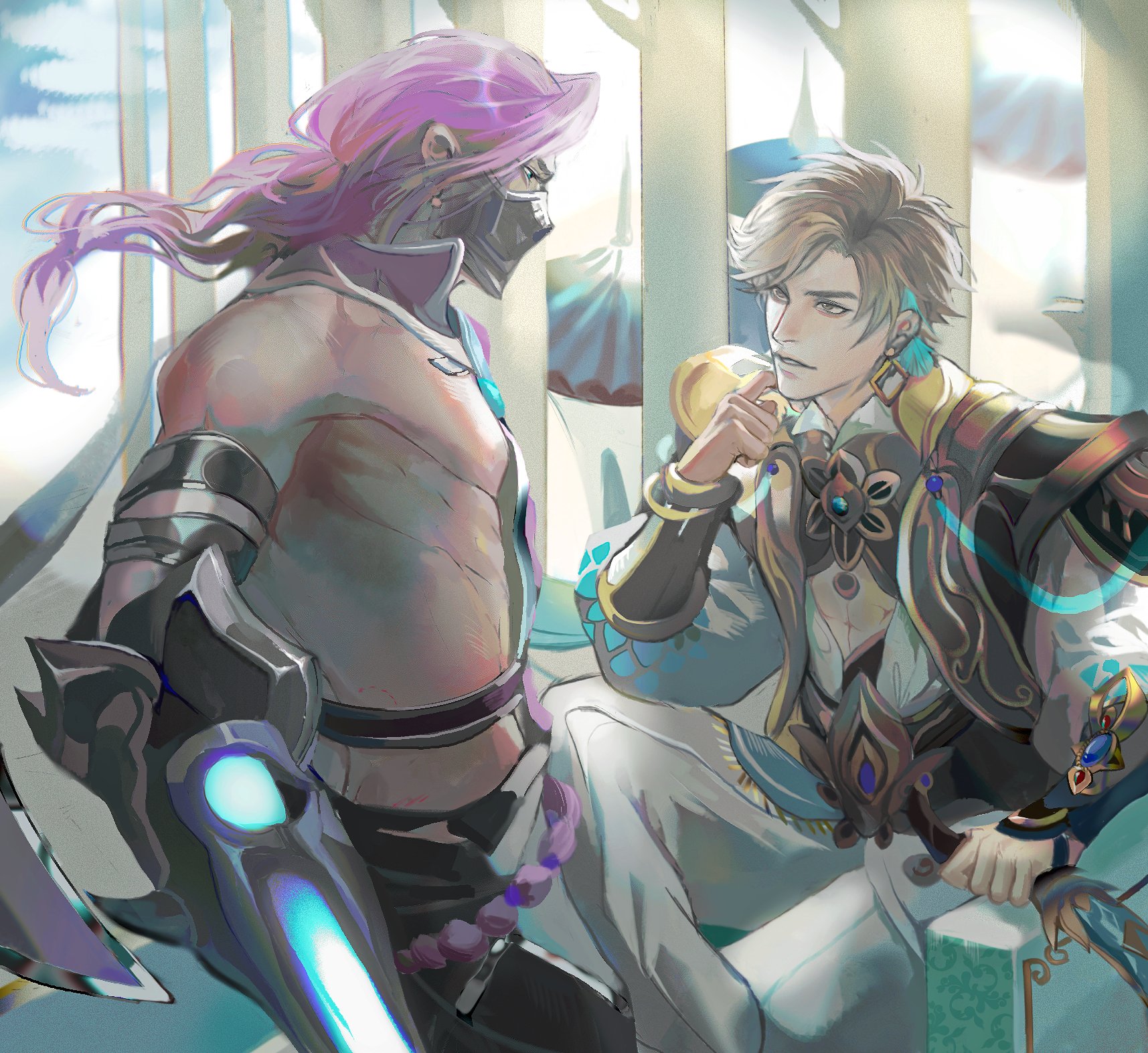 the image depicts two male anime characters in a dramatic and tense confrontation. the character on the left, clad in dark armor and a purple mask, stands with a glowing blue sword at his side, exuding a powerful and menacing aura. his expression is obscured by his mask, adding to the mystery surrounding him. on the right, a more elegant and noble figure sits with a relaxed yet observant expression, his ornate clothing and intricate details emphasizing his refined demeanor. he appears to be holding a jeweled accessory, which could be a weapon or a symbol of his authority. the contrast in their attire, postures, and expressions creates a compelling dynamic, suggesting a complex relationship between the two characters. the background, with its hint of architectural structures and a soft, ethereal light, further enhances the dramatic and fantastical atmosphere of the scene.