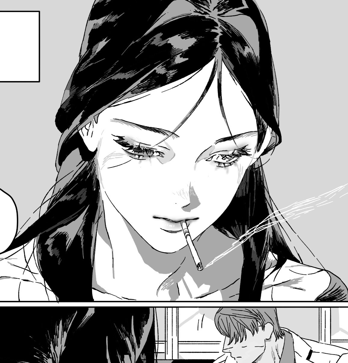 a black and white manga panel shows a woman with long dark hair smoking a cigarette. she has large eyes and is looking down. a dialogue balloon is in the top left corner of the frame. another panel below shows a man with light colored hair.