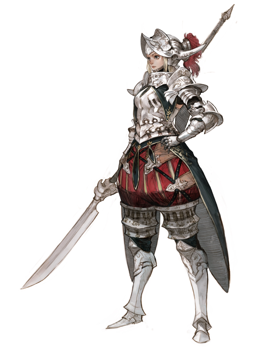the image is a fullbody illustration of a female knight in fantasystyle medieval armor. she is standing in a threequarter pose, looking slightly to her right. her armor is primarily silver plate armor with intricate detailing and red accents on the skirt/trousers. she carries a long sword in her left hand and a spear is held at the ready on her back. her helmet has a distinctive shape and she has blonde hair partially visible under it. the artwork style is detailed and expressive, suggesting a character design likely for a video game or similar project. the background is plain white, focusing attention solely on the character.