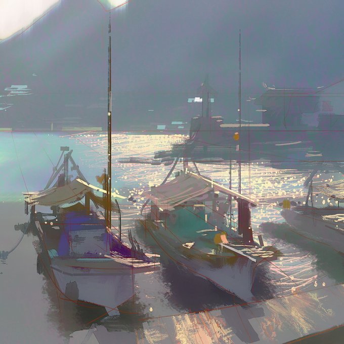 a misty harbor with three boats. the sun is shining on the water, creating a shimmering effect. the mountains in the background are shrouded in mist. the scene is peaceful and serene.