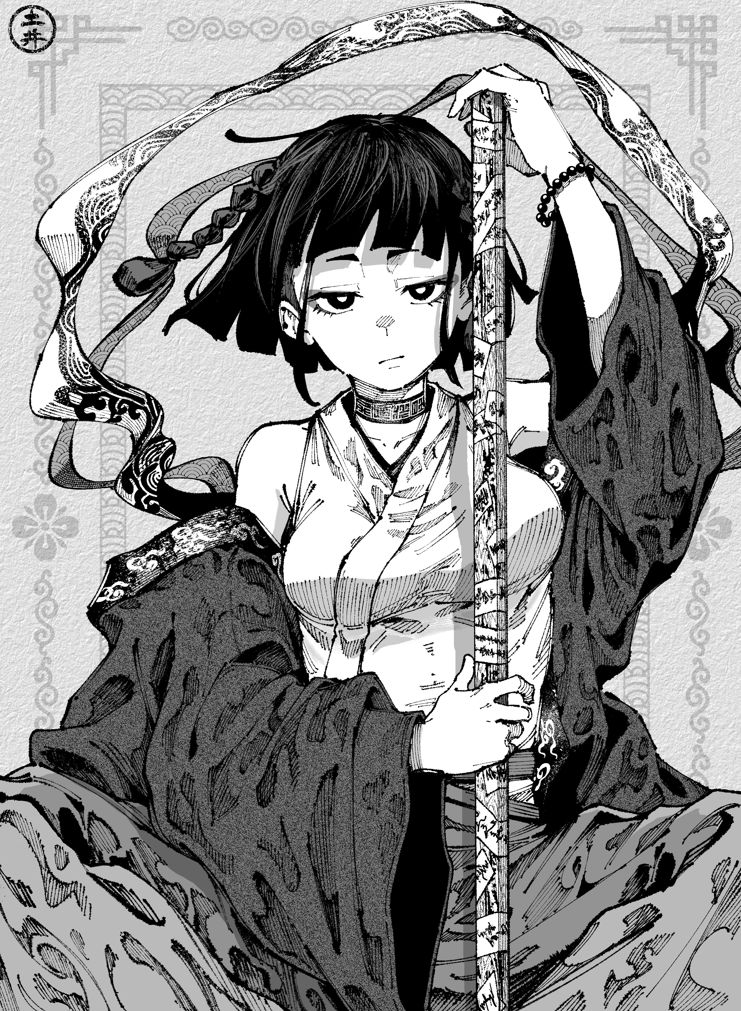 the image is a black and white illustration of a young woman dressed in a stylized samurai outfit. she sits with her legs crossed, holding a long staff (likely a naginata or bo staff) in front of her. she has short, dark hair with a braid, and wears a kimonolike garment with a revealing top. her expression is serious and determined. the art style is reminiscent of manga or anime, with sharp lines and exaggerated features. the background is a simple pattern with japanese motifs.