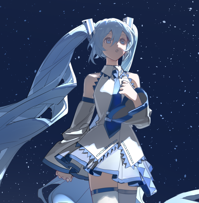 the image features a young woman, drawn in an anime style, with long blue hair styled in twin tails. she's wearing a white and blue dress with detached sleeves and thighhigh socks. she gazes upward at a dark blue, starry night sky.  the lighting is soft and cool, creating a serene and magical atmosphere. the low angle view emphasizes the vastness of the sky and gives the impression that the character is small in comparison.