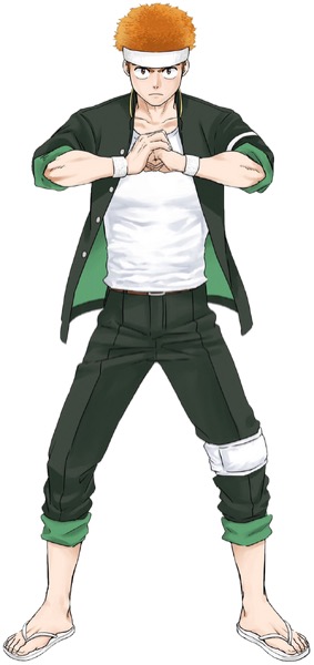 an illustration of a young male anime character in a green and black jacket and pants with white undergarments. he is standing with a confident stance and his fists clenched. he has short orange hair and is wearing a white headband. he is also wearing white flip flops.