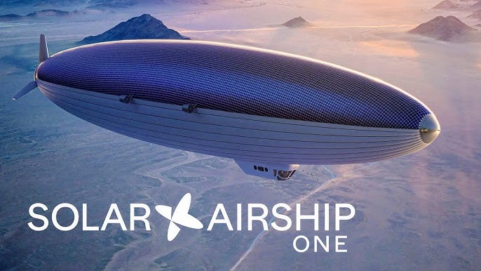 a large, futuristic airship with solar panels covering its upper surface floats over a vast desert landscape. the airship is illuminated by the warm light of the setting sun, casting long shadows across the sand dunes. in the foreground, the words "solar airship one" are emblazoned in white against a blue background. the image evokes a sense of innovation, sustainability, and the promise of a clean energy future.