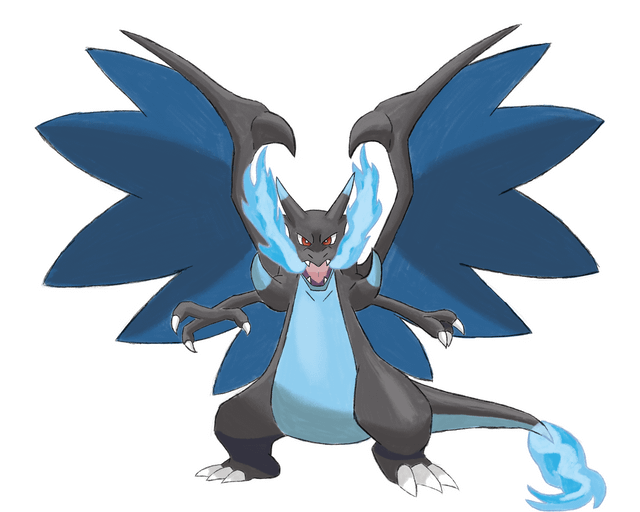 this is a digital painting or fanart depicting mega charizard x, a powerful pokemon known for its fiery breath and large, spiky wings. the pokemon is rendered in a dynamic pose, showcasing its sharp claws and intense expression.  the color palette mainly features dark grays and blues, with bright blue flames emanating from its body and tail, highlighting its powerful nature.  the background is plain white, focusing all attention on the detailed illustration of the pokemon.