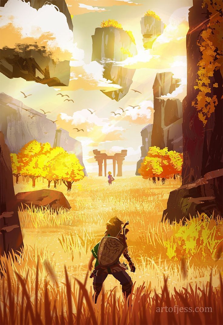 a digital artwork depicting a scene reminiscent of the legend of zelda: breath of the wild. link is shown from behind, traversing a grassy field towards a small figure standing near a ruined archway. the landscape features floating islands in the sky, trees with golden foliage, and rock formations. the scene is bathed in the warm light of a sunset, and flocks of birds fly overhead.