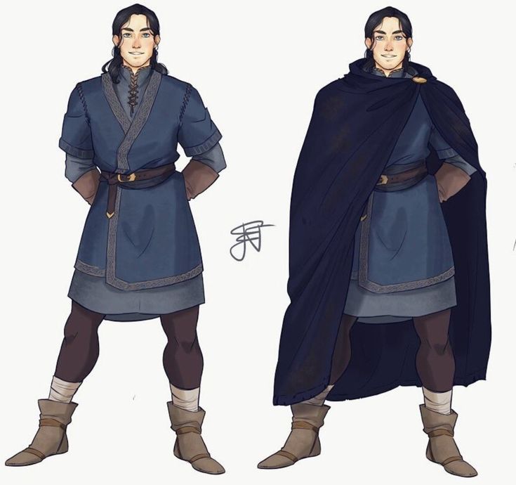 the image presents a digital painting of a male fantasy character in two variations. the first shows him in a blue tunic with brown boots and leg wraps. the second shows the same character, but wearing a large dark cloak over the blue tunic and the same boots and leg wraps. both portrayals feature the character with long dark hair and a similar expression. the style is reminiscent of fantasy rpg character art, with attention to detail in the clothing and overall aesthetic. the background is plain white, emphasizing the character designs.  there's a small, barely visible signature or mark near the middle of the image.