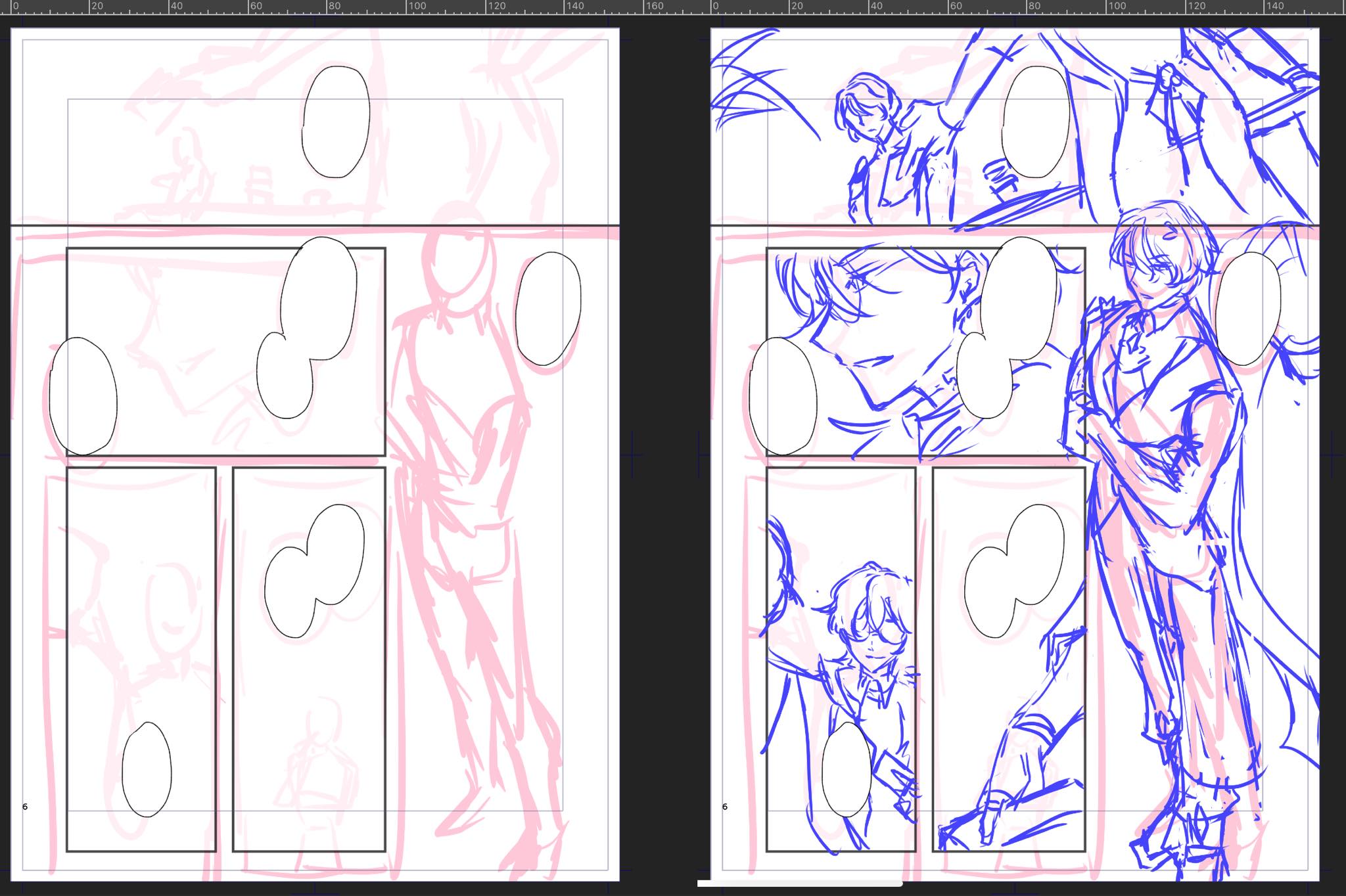 the image displays two sides of a manga page, with different panels on each side. each side has its own distinctive layout, with the panels on the left side arranged in a threebythree grid, while those on the right side are in a twobythree layout. the panels are filled with sketchlike drawings of characters in different poses, showcasing a dynamic sense of action.  the sketchstyle art is evident in the rough lines and unfinished details. the presence of numerous speech bubbles suggests dialogue or narration within the comic story. the composition and layout of the panels, combined with the expressive characters, hint at an intense or dramatic scene.