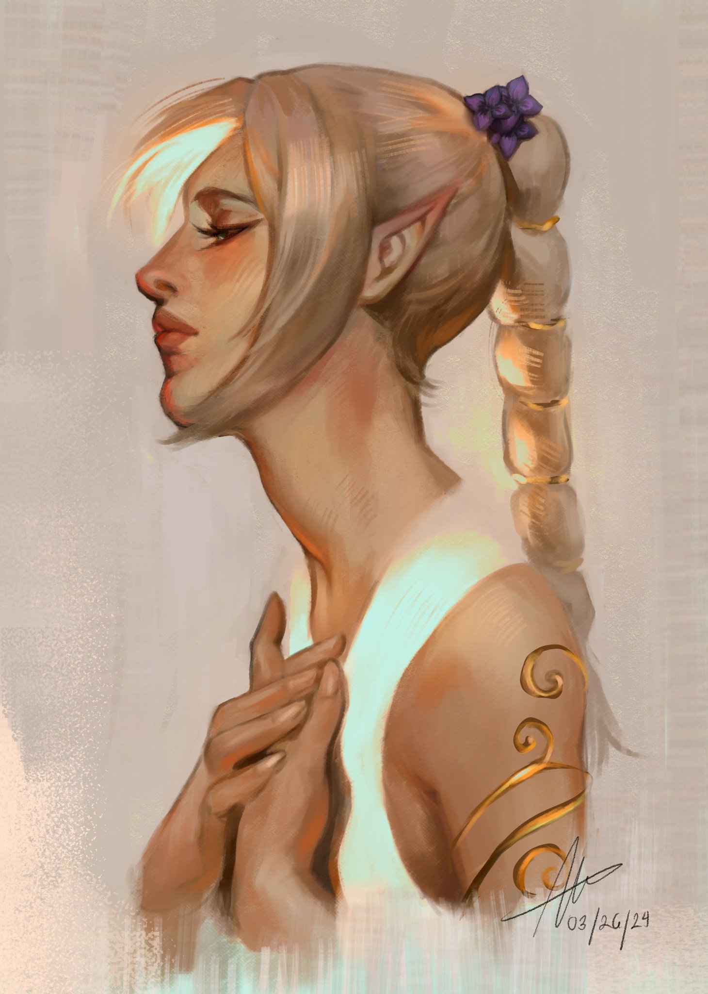 the image is a digital painting of a serene female elf. she has long blonde hair styled in a ponytail adorned with a small purple flower.  she has pointed ears and is wearing a simple, lightcolored garment.  golden jewelry, resembling ornate bands, decorates her arm. her hands are clasped gently together near her chest. the overall style is soft and ethereal, with pastel colors and a dreamy atmosphere.  the painting focuses on the elf's delicate features and peaceful expression. the artist's signature and date are visible in the bottom right corner.