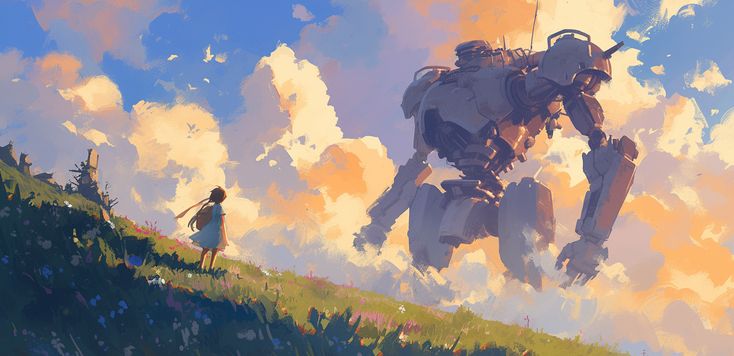 the image showcases a colossal robot standing amidst a serene landscape. the robot, rendered in muted greys and browns, dominates the scene, its massive form dwarfing the lone figure of a girl in a white dress standing on a grassy hill. the girl has her back turned to the viewer, seemingly gazing up at the towering machine. the setting sun bathes the scene in a warm, golden light, casting long shadows across the grassy field. the sky is a vibrant canvas of blue, dotted with fluffy white clouds.  the contrast between the mechanical behemoth and the peaceful, natural setting creates a sense of awe and wonder.