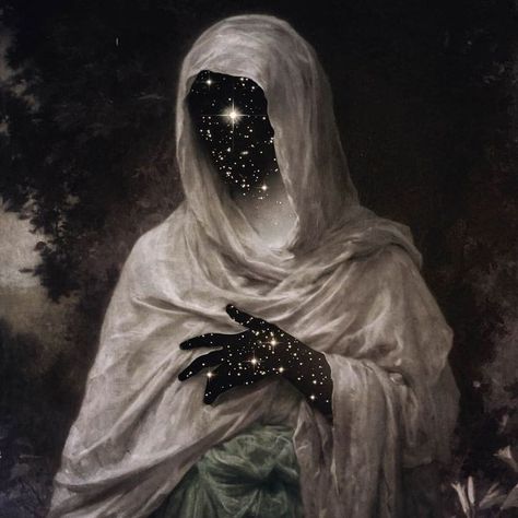 the image shows a woman draped in a white cloak, her face and hand replaced with a starry expanse. the background is dark, suggesting a nighttime setting, and the overall atmosphere is one of mystery and wonder.