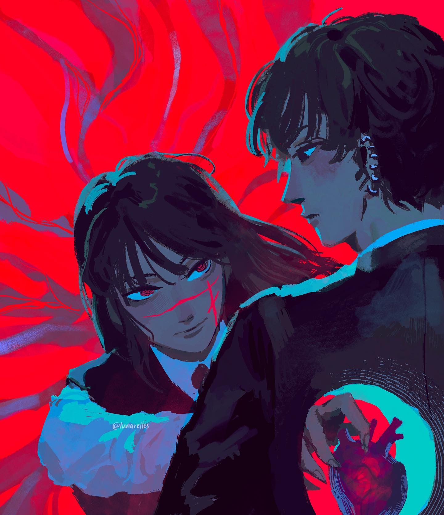 the artwork is a vibrant digital painting depicting a closeup of a young animestyle couple. the color palette is predominantly dark, with contrasting splashes of intense red and electric blue. a girl with long dark hair is positioned slightly in front of a boy. she has a stylized scar or wound across her face, adding to the dramatic mood. the boy has dark hair and appears somewhat brooding. he holds a glowing red heart, suggesting a symbolic narrative. the background is abstract and features swirling, red, almost flamelike patterns.  the overall style is dark, edgy, and mysterious, blending elements of cyberpunk and gothic aesthetics. the artist's tag, @lunarelles, is visible in the image.