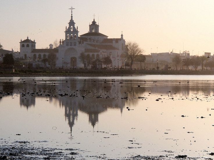 the image shows a tranquil scene at dawn or sunset. the main focus is the reflection of the sanctuary of el rocío in the calm waters of a lagoon or marsh. the sanctuary, a large whitewashed complex with distinctive baroque architecture and bell towers, is situated on the far side of the water.  the water is relatively still, creating a nearperfect mirror image of the building. the foreground features mudflats or shallow areas of the marshland, with scattered small birds or other wildlife visible in the water. the overall atmosphere is peaceful and serene, with soft, muted colors indicating the early or late daylight hours.  trees line the far bank of the water, completing the idyllic and picturesque setting.