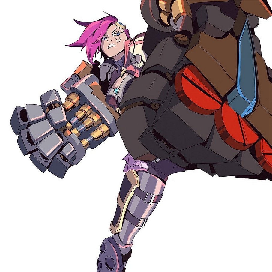 this is a digital artwork of vi, a character from the popular video game league of legends.  vi is a champion from the world of runeterra. she is a powerful fighter from the city of zaun. she is known for her mechanical gauntlets and her fighting skills. vi is shown in this image as a powerful and fierce fighter, with her mechanical gauntlets raised in the air. she's ready to fight! the artwork has a vibrant color palette, and the character is detailed and expressive. the background is a simple white, which helps to draw attention to vi.
