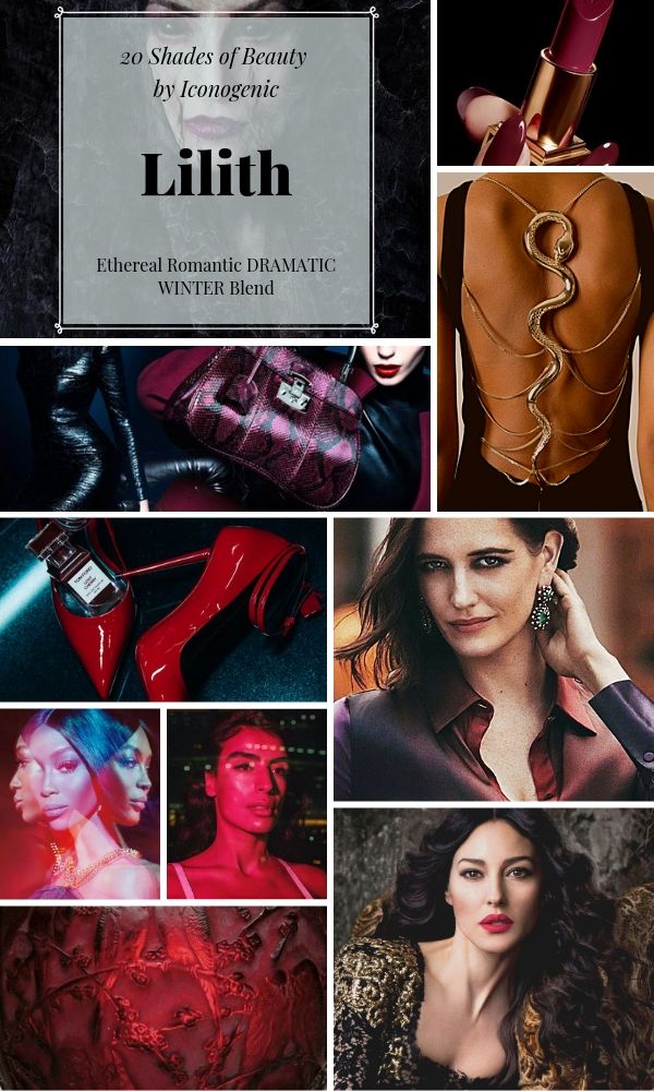 the image is a collage featuring the title "20 shades of beauty by iconogenic" with the name "lilith" and the tagline "ethereal romantic dramatic winter blend." it includes images of beauty products such as lipstick and fashion items like a snakeskin purse, red heels, and a backless dress with snake jewelry. there are also portraits of actresses eva green, monica bellucci, and naomi campbell, along with a model with red lighting and a textured red background.