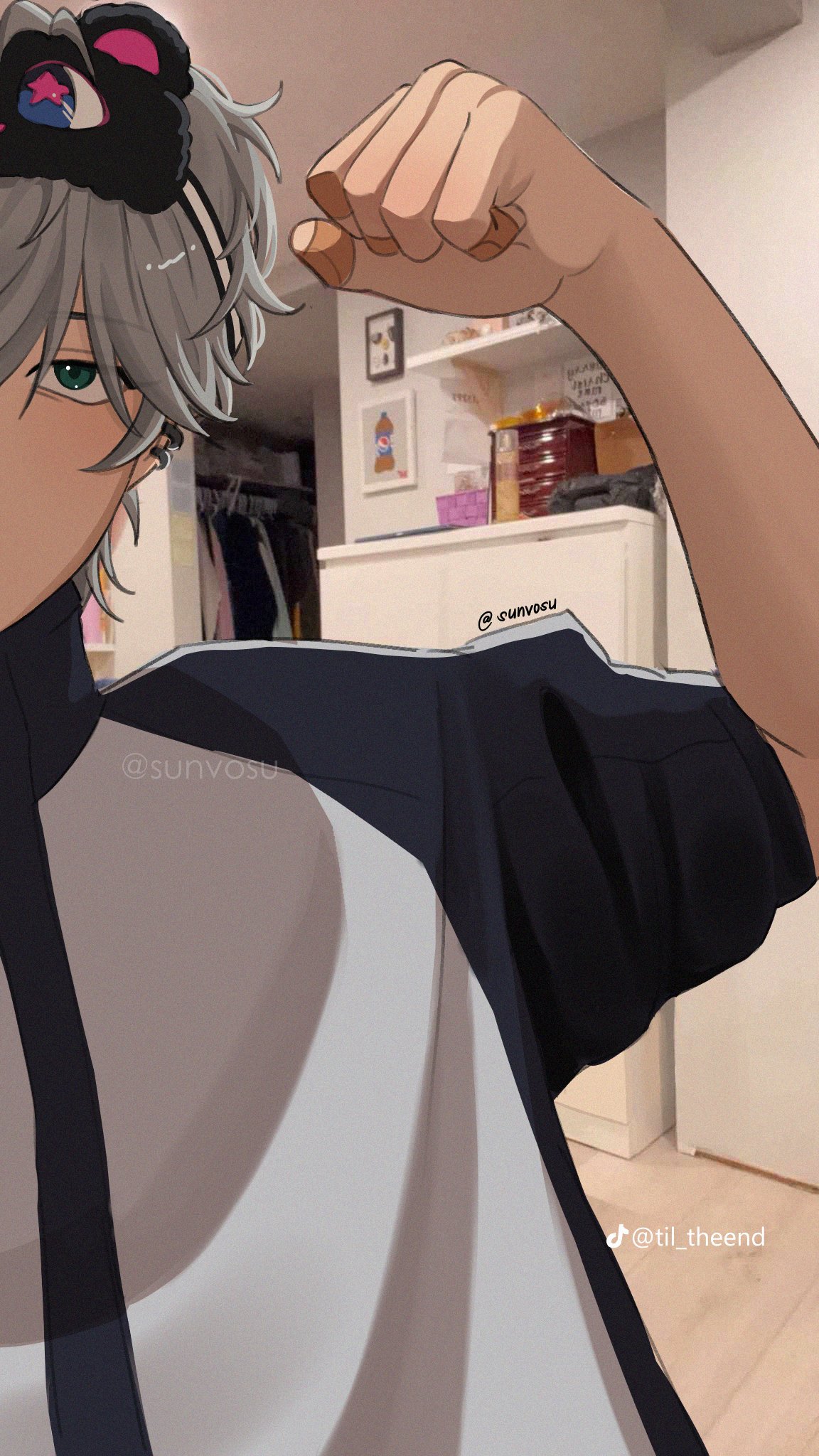 anime character with white hair, green eyes, and a black and pink headband. the character is making a fist. the character is wearing casual attire. the background is a room interior with a closet, shelves, and cabinets.