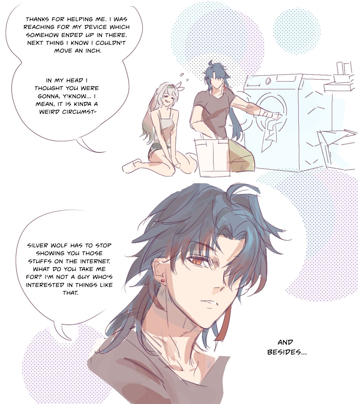 he image is a mangastyle comic strip or illustration. it depicts a scene with three characters: two women and a man. the central focus is on a man with blue hair, who is shown from the chest up, with a thoughtful and slightly embarrassed expression. he's narrating his thoughts in speech bubbles. the scene shows him reacting to an incident where he was stuck in a washing machine, involving two other characters, one of whom appears to be assisting him. the overall style is light and slightly comedic, conveying a story with dialogue and expressions.  the speech bubbles contain dialogue about the situation and a comment about one of the characters stopping from showing the man internet stuff.