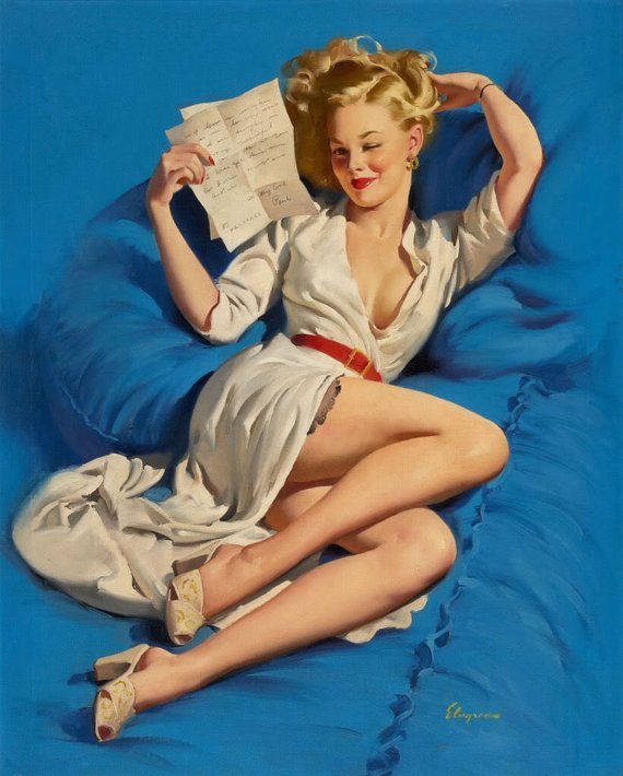 a woman in a white dress is reclining on a blue couch. she has a letter in her hand and is smiling and winking at the viewer.  she has blonde hair and a very stylized look.