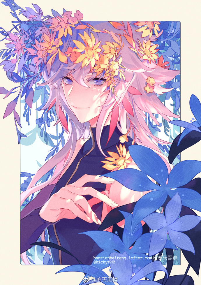 a digital illustration of an anime male character with long pink hair wearing a flower crown made of blue, yellow, and pink flowers.  he is wearing a black shirt and is smiling while looking at the viewer. he is surrounded by blue flowers and the background is a pale blue with a white border.