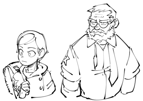 a black and white sketch of a man and a young person standing next to each other. the man is wearing a shirt, a tie, and glasses, while the young person is wearing a coat or jacket. the man has a beard, and both have a star on their clothing. the sketch is simple and stylized, with a focus on the characters' faces and expressions. the man looks serious, while the young person looks more innocent and curious.