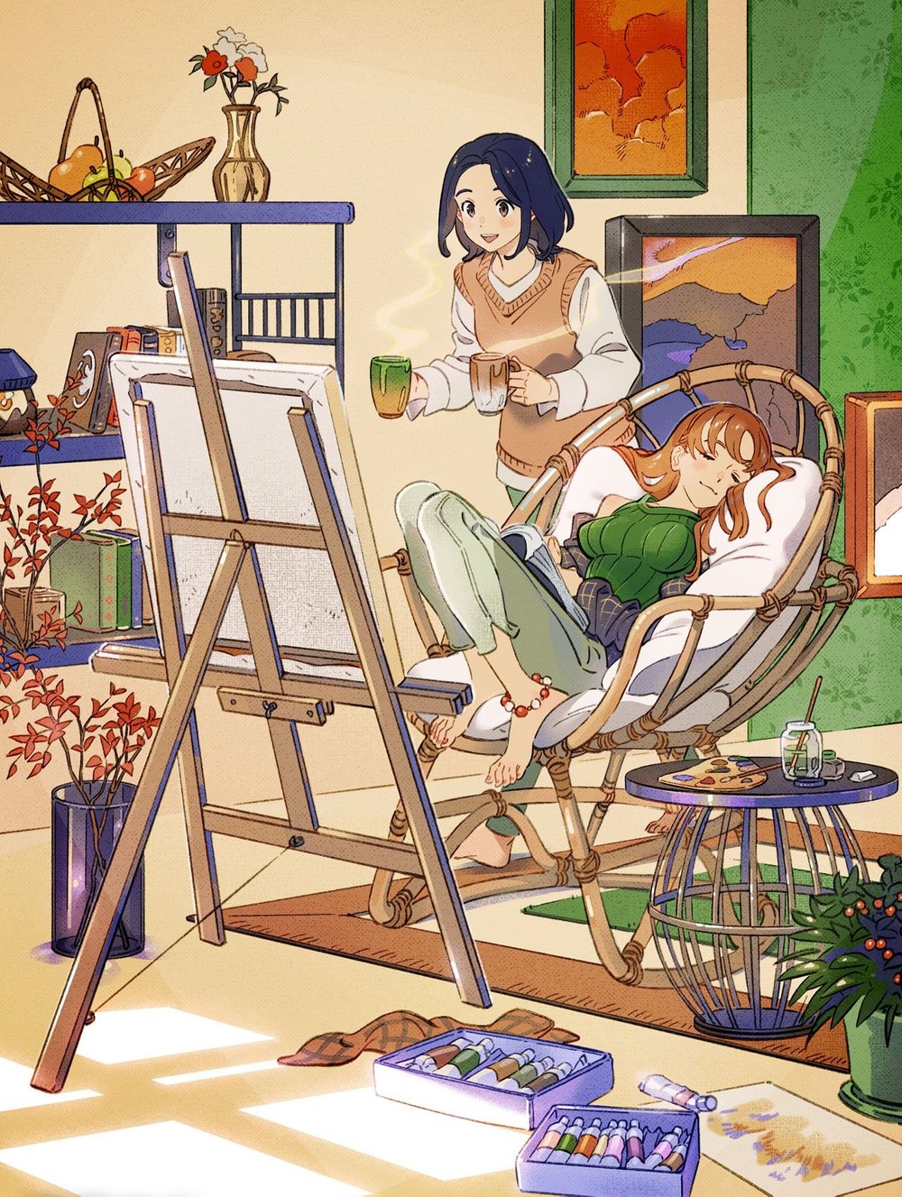 the illustration shows two animestyle girls in a cozy art studio. one girl is sitting in a comfortable wicker chair, relaxed and seemingly sleeping or resting. she's wearing a green sweater and lightcolored pants. the other girl is standing, holding a cup of tea and looking at the first girl. she's wearing a beige sweater vest. they are surrounded by art supplies, including an easel with a canvas, paint tubes, a paint palette, and books. the room is decorated with plants, flowers in a vase, and artwork on the walls. sunlight streams into the room, creating a warm and peaceful atmosphere. the overall style is soft, detailed, and evocative of a quiet moment of friendship and creativity.