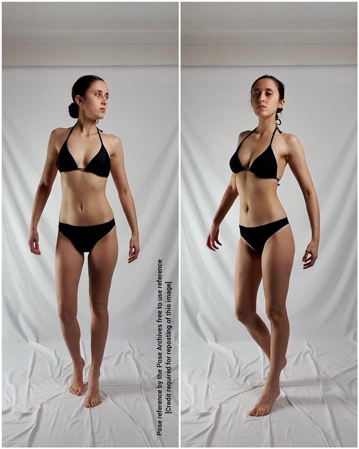 the image shows a woman in a black bikini, standing in a confident pose against a white background. she is illuminated by soft lighting, creating a natural and flattering look.