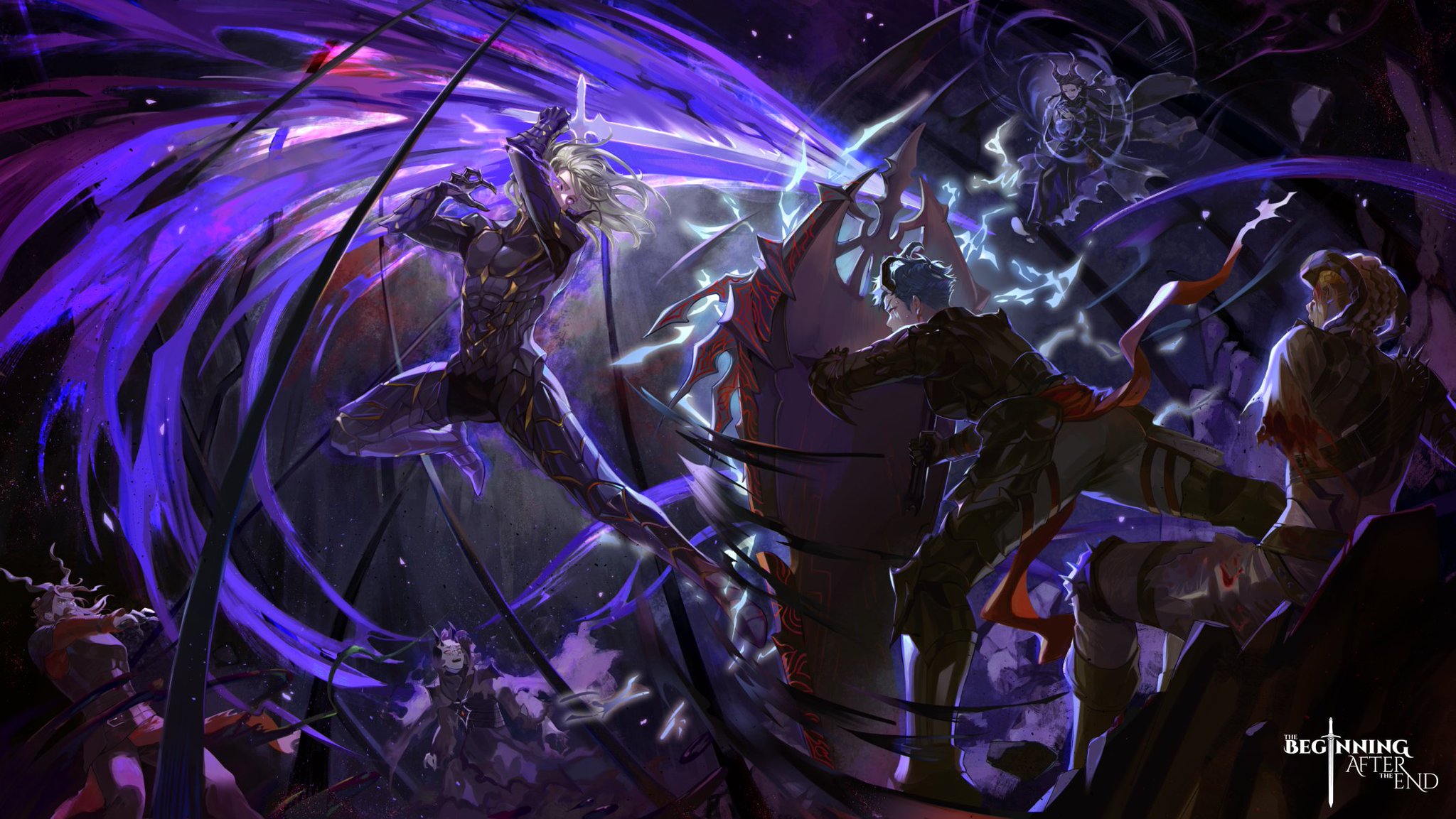 a fantasy illustration of a fierce battle. a warrior, clad in black and gold armor, is engaged in combat with a character clad in a dark grey, brown, and red outfit. the warrior swings their sword while the other character blocks with their shield. the two characters are surrounded by vibrant, swirling purple and blue energy, signifying powerful magic. in the background, other warriors are engaged in battle, each with their own unique weapons and abilities. the scene is dark and chaotic, but the vibrant colors and dynamic action create a sense of excitement and intensity. the image is likely from a fantasy novel, video game, or anime series, emphasizing the world of magic, combat, and adventure.