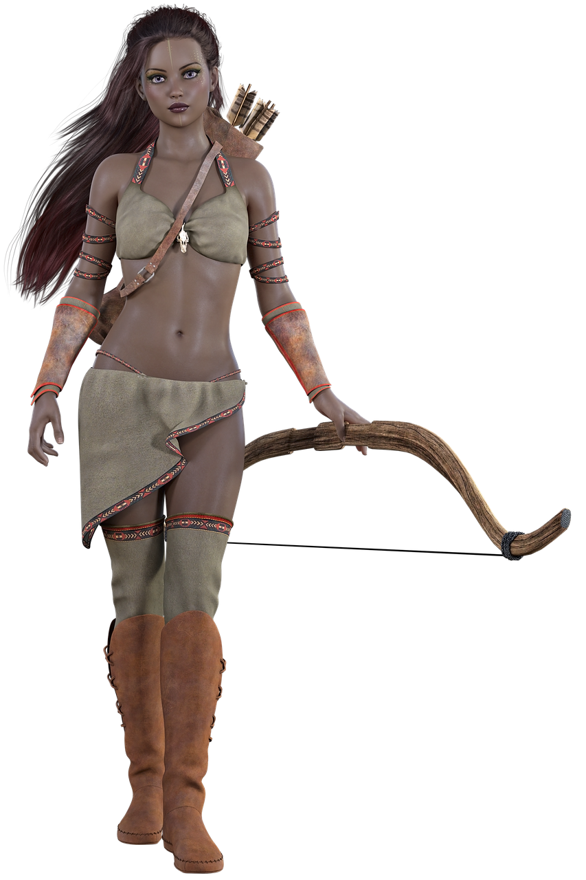 a digital art rendering depicts a native american woman warrior. she is shown in a partial view, clad in tribal attire against a solid black background. her outfit includes a small, tancolored top and a matching skirt, both adorned with intricate geometric patterns. the leather boots extend to her thighs, complementing the rest of her gear. around her arms, she wears simple leather armbands, while a quiver filled with arrows is strapped to her back. in her hand, she holds a rudimentary wooden bow. the character has dark skin and long, flowing dark hair with red highlights.