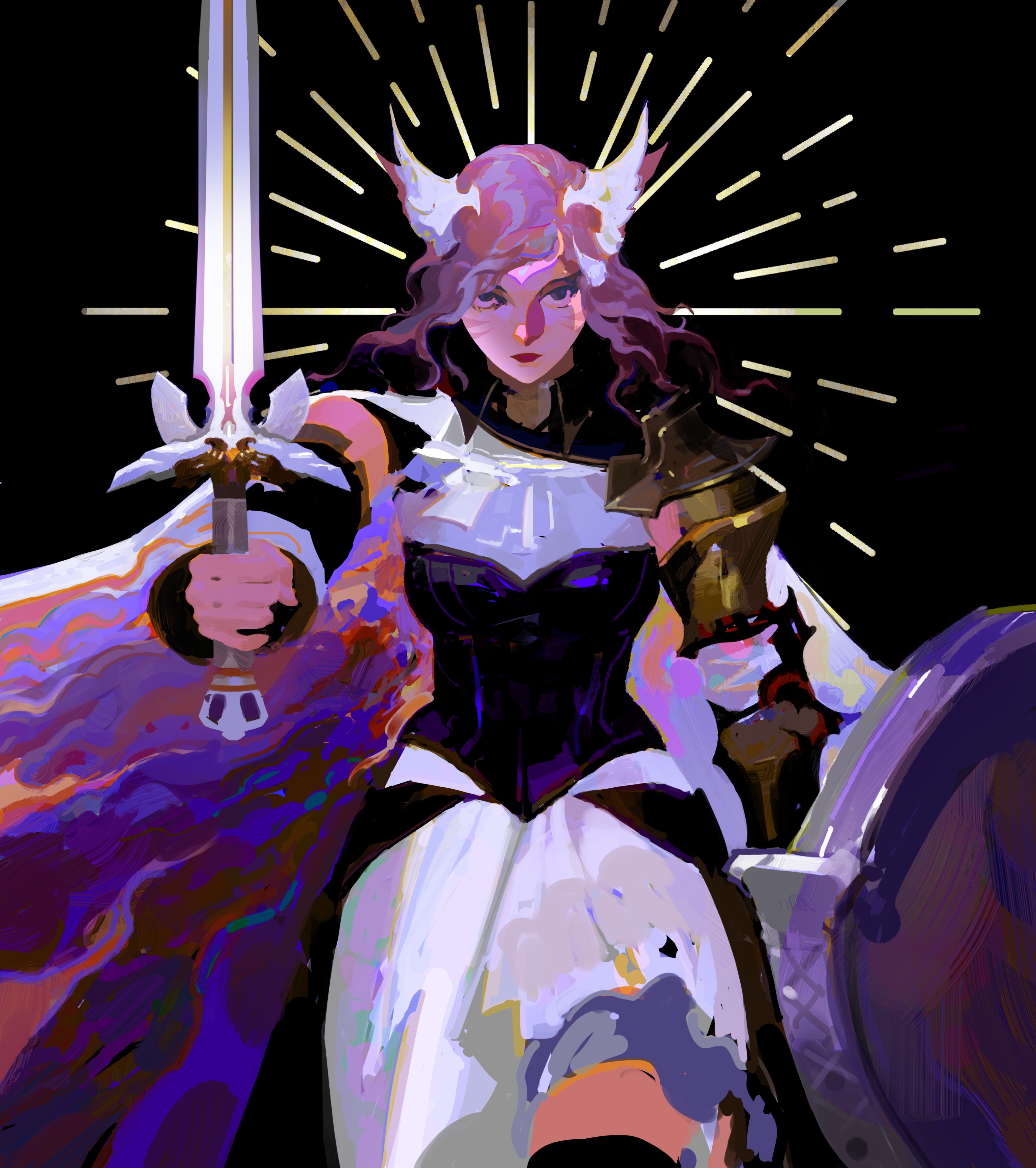 a digital painting of a female warrior in a white dress and armor, holding a sword and shield. she has pink hair and a halo of light around her head. she is set against a black background and has a purple and blue cloak. her eyes are fierce and determined, ready for battle. the overall image is vibrant and full of energy.