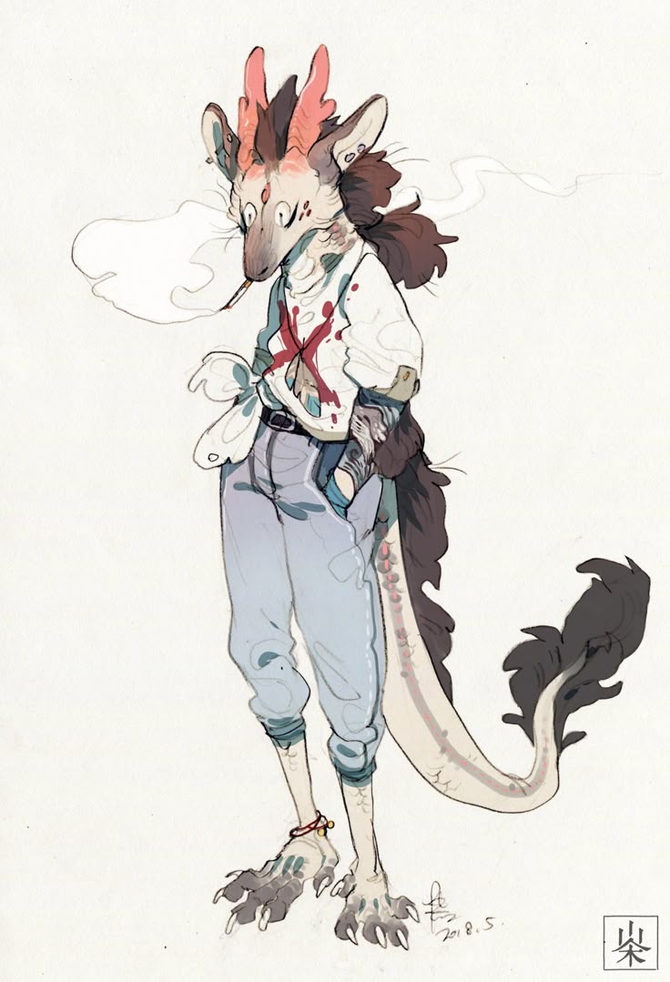 a fullbody digital art illustration of an anthropomorphic dragon standing casually. the dragon is depicted in a cartoon style and is wearing loose casual clothing, including a white shirt with a red x and splatter pattern, blue jeans, and a belt. the dragon is smoking a cigarette, with visible smoke wafting upwards. it has a long tail, clawed feet, and a unique head with distinctive ears and horns. the overall composition is clean and the art style is detailed.