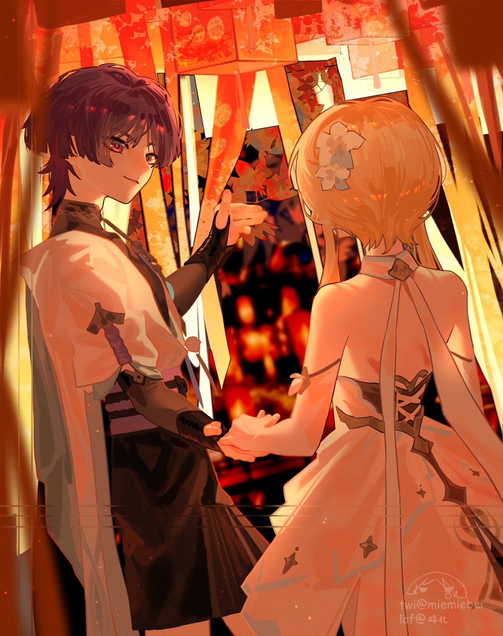 the image is an anime style illustration of a young man and woman holding hands in the middle of a street at night. the image depicts the couple in a loving embrace. there are many red lanterns on the walls and hanging in the street in the background. they are enjoying each other's company, which is shown through their body language and facial expressions. the male character is wearing a black dress and  white shirt and the female character is wearing a white dress, with a flower in her hair. the artwork is set in a bustling urban setting, and the background is filled with people and colorful lights.