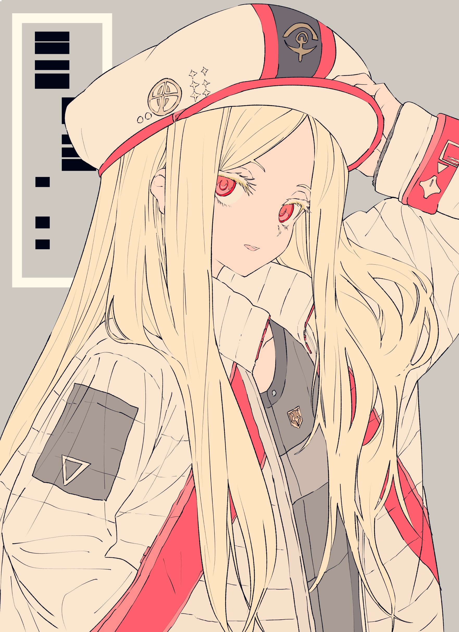 the image is a stylized illustration of an anime girl with long, blonde hair and striking red eyes. she's wearing a white jacket with red accents, a distinctive white and red cap, and what appears to be a small shoulder bag.  the art style is soft and somewhat sketchy, giving it a delicate feel. the background is a simple, muted grey. the overall impression is one of a cute and stylish character.