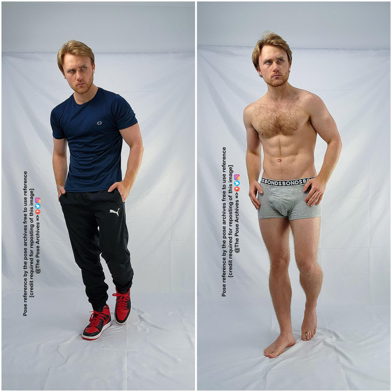 a male model is captured in two different poses against a white background. in the left image, he sports a navy blue tshirt, black track pants, and red and black sneakers. his hands casually rest in his pockets, conveying a relaxed yet confident demeanor. the right image presents the same model shirtless, revealing a toned physique. he stands tall in grey boxer briefs, his gaze directed slightly to the side. the consistent white background emphasizes the model's poses and allows for versatile use of these images as references for artists.